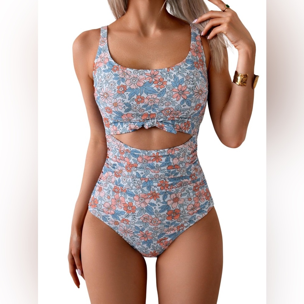 Floral One Piece Swimsuit Tummy Control Slimming Cutout Tie Knot 🩵